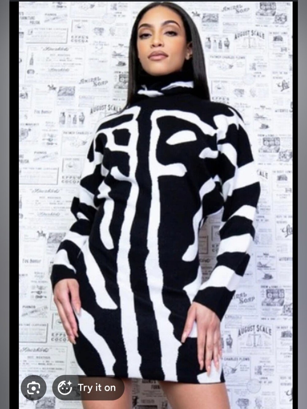 Fashion Nova Zebra-Print Black & White Turtleneck Sweater Dress Size XL NWT